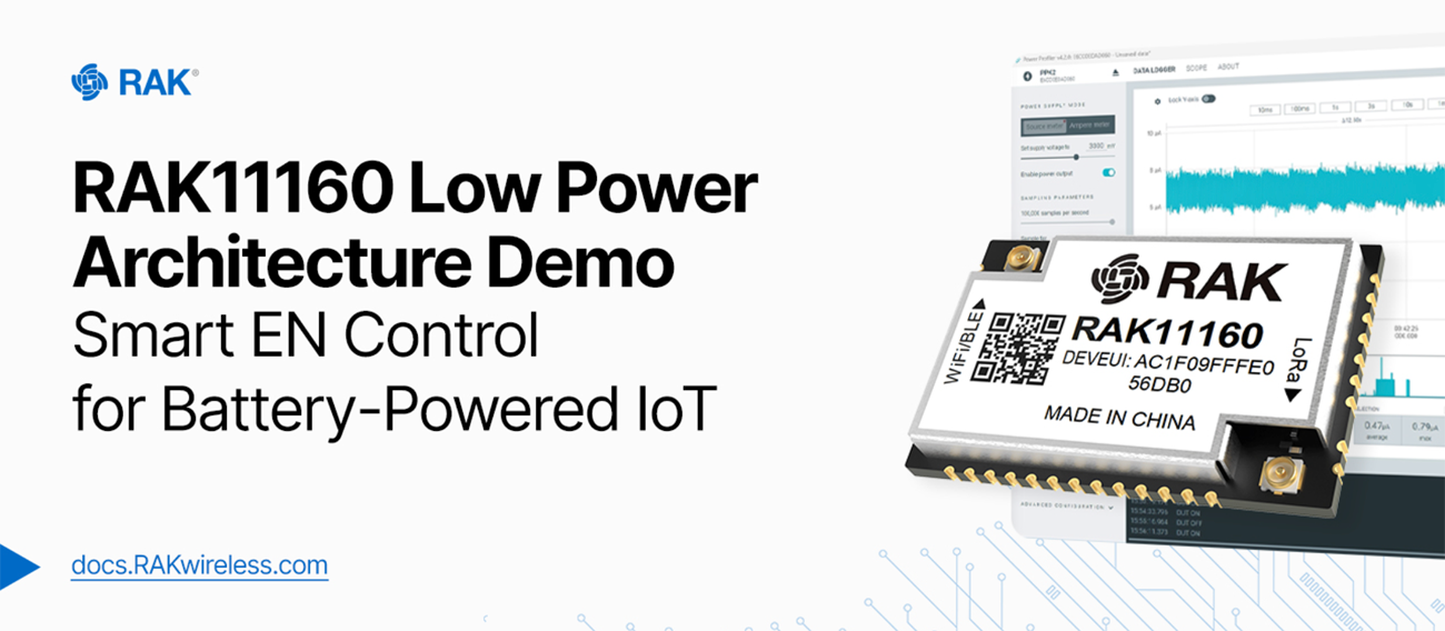 RAK11160 demo shows power use from 262mA active to 6.8µA deep sleep, ideal for low-power IoT and battery projects.