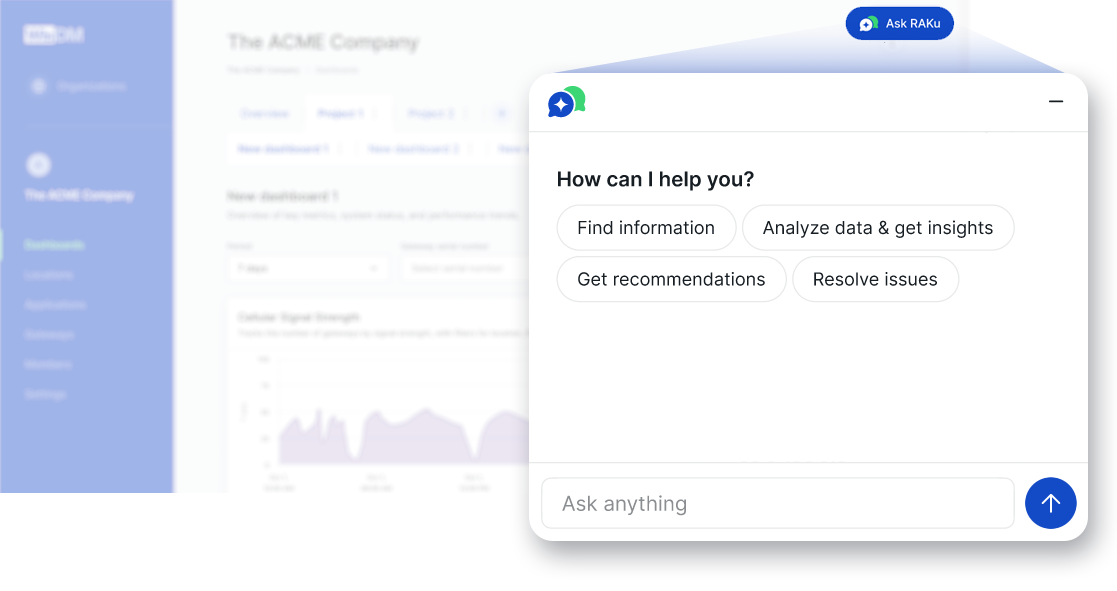 For the image, here's the alt text: RAKwireless RAKu AI assistant interface for finding information, analyzing data, and resolving operational issues