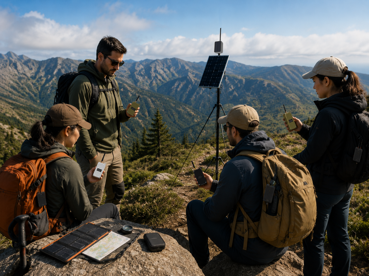 Hikers using Meshtastic handhelds near a solar repeater on a mountain ridge for trail and campsite mesh coverage testing