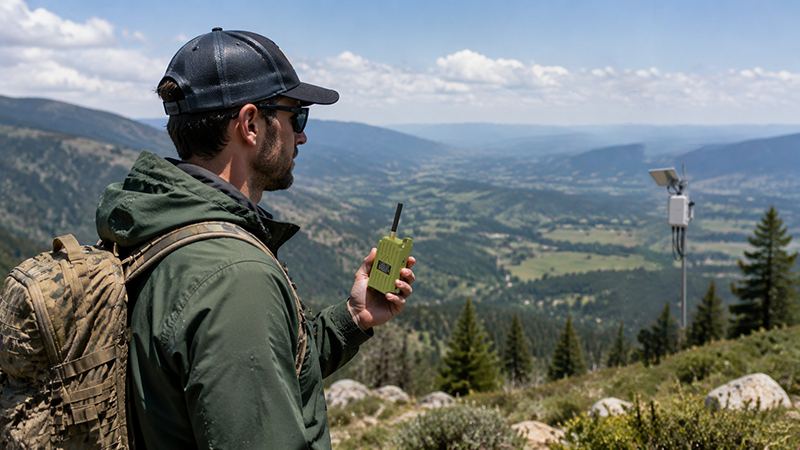 Outdoor user maps Meshtastic coverage and range gaps with handheld node near a pole-mounted repeater on mountain ridges