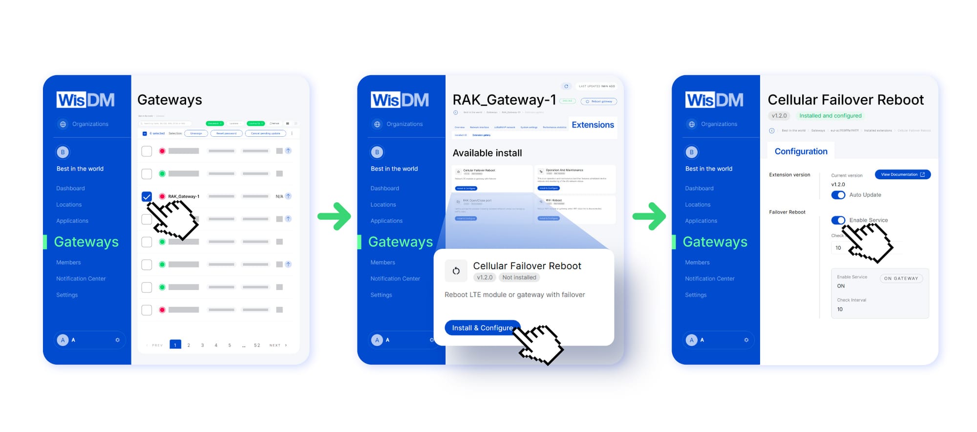 Three-step WisDM Remote Extension installation workflow: select a gateway, choose an extension, then start the installation and monitor its status.