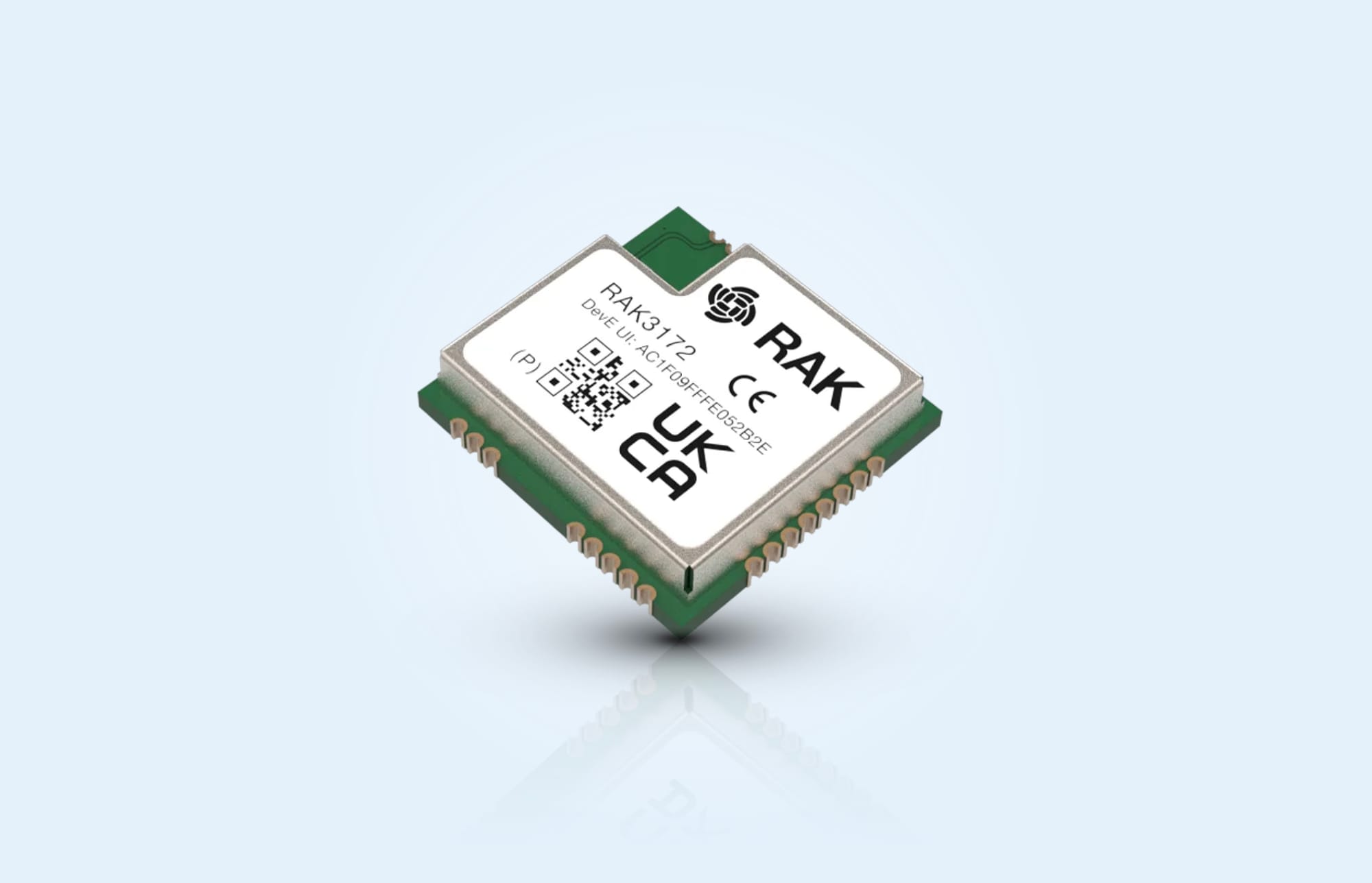 The RAK3172 WisDuo module, a stamp-sized LoRaWAN module combining an STM32WLE5 microcontroller and a LoRa radio in a single component.