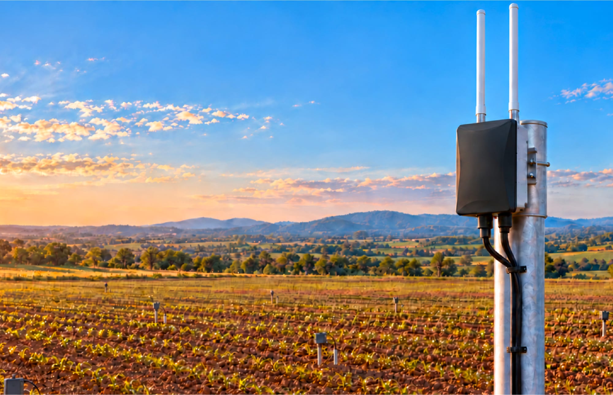 A field of RAKwireless Sensor Hub soil monitors staked across bare farmland, each with a stainless steel probe buried in the soil, illustrating low-power end devices for LoRaWAN®.