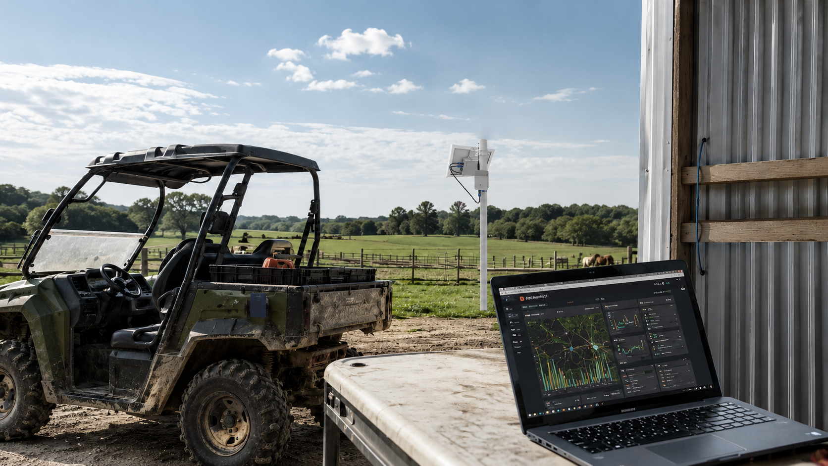 Farm asset tracking setup with UTV, laptop dashboard, outdoor repeater and gateway for field coverage and GPS monitoring