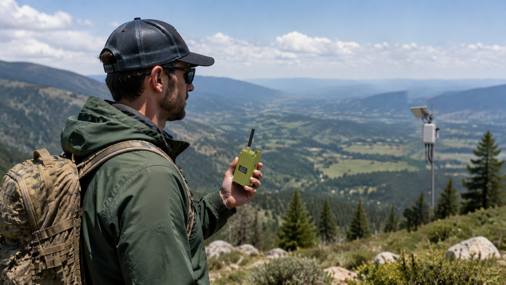 Outdoor user maps Meshtastic coverage and range gaps with handheld node near a pole-mounted repeater on mountain ridges