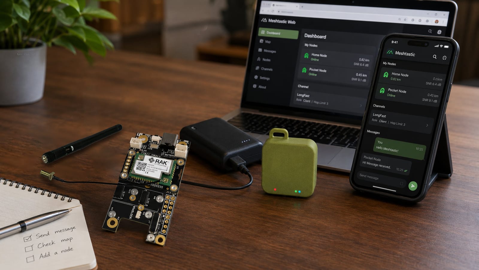 Desk setup with a Meshtastic starter kit, pocket node, phone app, laptop dashboard, antenna, and setup notes for testing