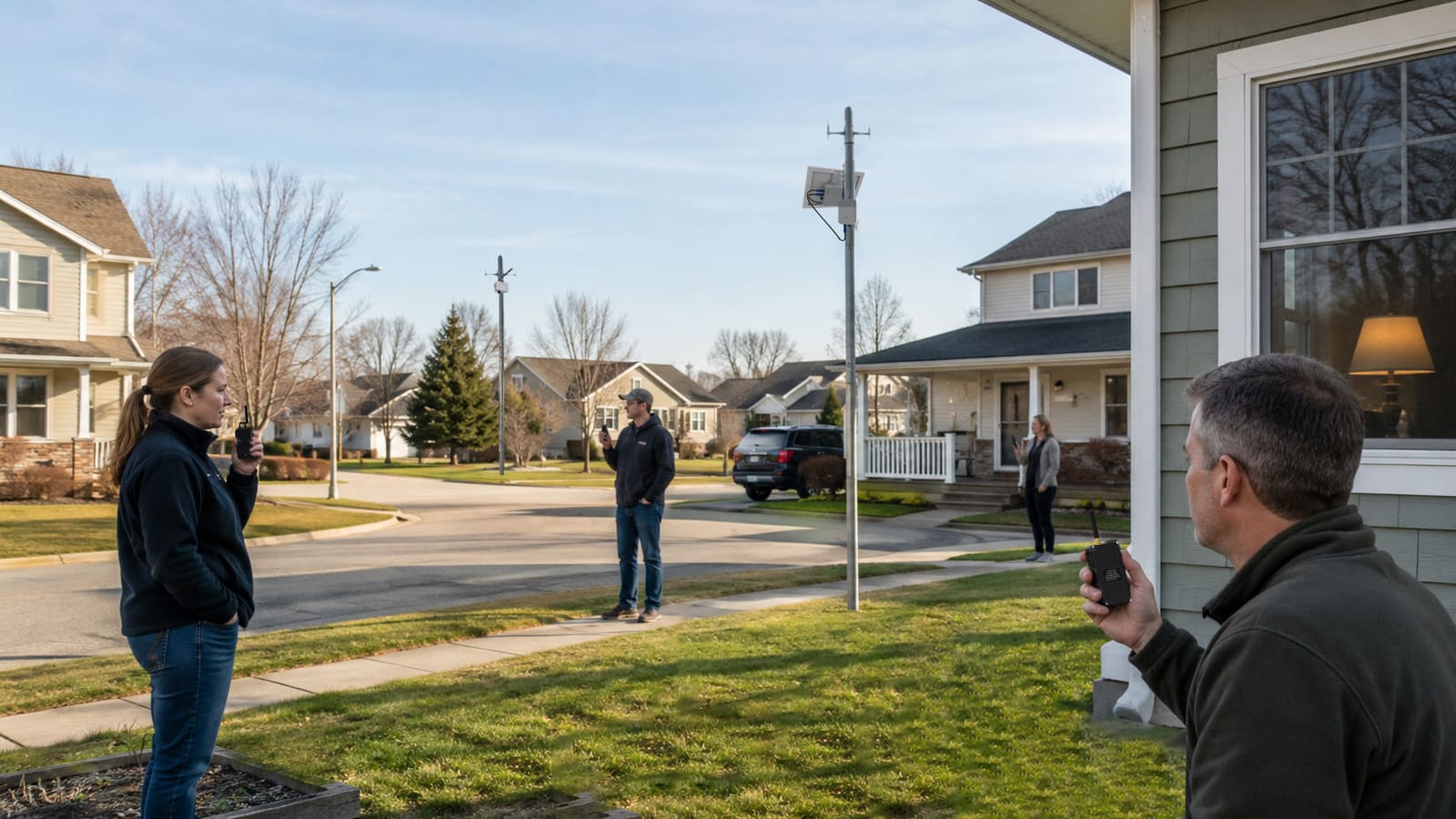 Neighbors use Meshtastic handheld nodes near an outdoor repeater for emergency coverage across a residential street mesh