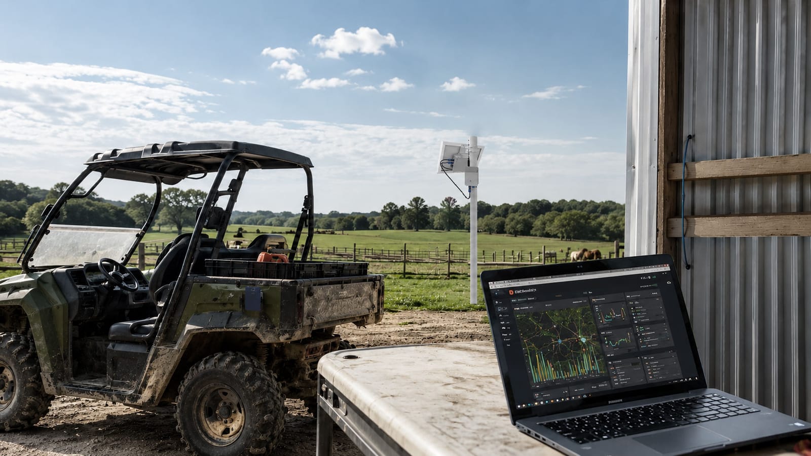 Farm asset tracking setup with UTV, laptop dashboard, outdoor repeater and gateway for field coverage and GPS monitoring